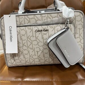 Calvin Klein Cream and White Logo Satchel with Card Pouch